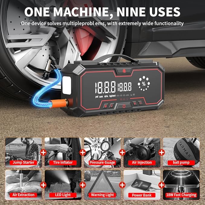 Jump Starter with air Compressor, 5000A Emergency Starter Jump Box (Gas 9L/Diesel 8L), Jumper Cable Jump Starter Portable with air Compressor 160PSI, car Roadside Emergency kit, SOS Light