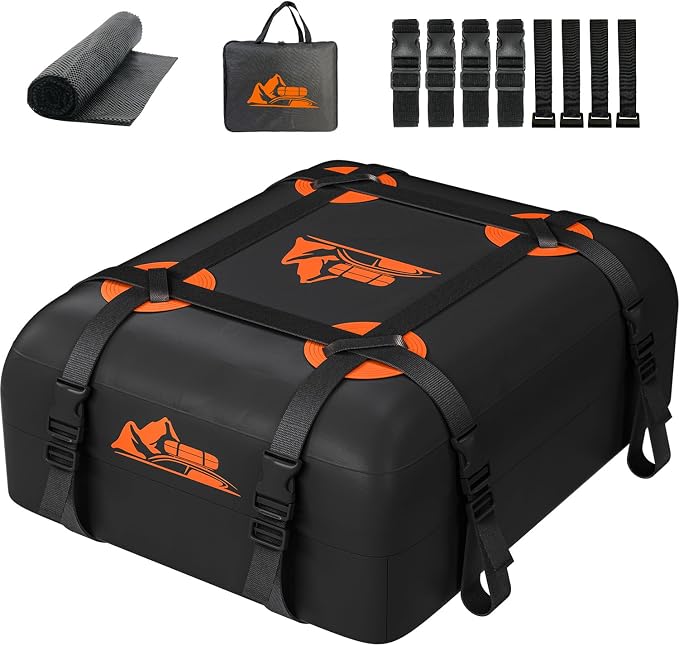 Car Rooftop Cargo Carrier Bag 15 Cubic Feet, 100% Waterproof Heavy Duty Car Roof Bag for All Vehicle with/Without Racks - Anti-Slip Mat, 4 Door Hooks, Storage Bags, 4PCS 3.8CM Straps(Orange)