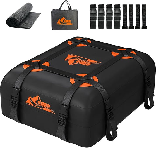Car Rooftop Cargo Carrier Bag 15 Cubic Feet, 100% Waterproof Heavy Duty Car Roof Bag for All Vehicle with/Without Racks - Anti-Slip Mat, 4 Door Hooks, Storage Bags, 4PCS 3.8CM Straps(Orange)