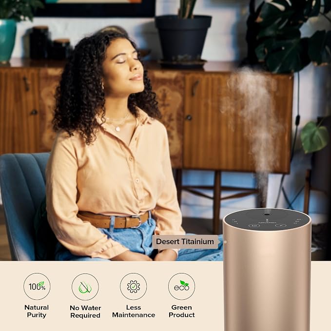 Airversa Waterless Essential Oil Diffuser Starter Kit with 30mL Santal Lux Fragrance Oil Inspired by Luxury Hotel Scent for Home Car Office, Aroma Air Diffuser, Baterry Operated, ADX-Kit Metal Black