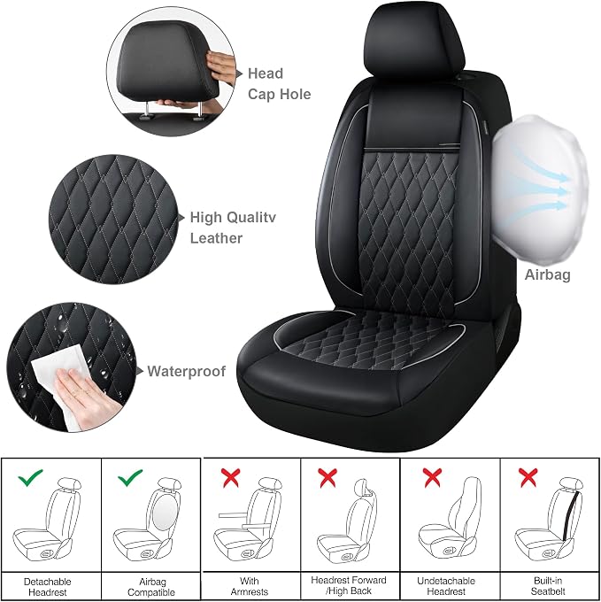 CAROMOP Faux Leather Car Seat Covers Full Set,Luxury and Comfortable Covers for Cars,Split Bench Compatible Car Interior Covers,Universal Fit for Suvs,Vans,Trucks,Airbag Compatible(5-Seat Black/Grey)