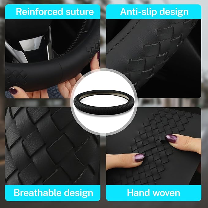 Leather Steering Wheel Cover Men，with Black Woven Pattern Car Accessories ，Anti-Slip, Safety, Soft, Breathable, Adaptable to 14.5-15 inches Steering Wheel Fit SUV， Jeep， Van，Sedan，Car