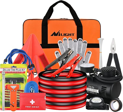 Nilight Car Emergency Kit with Jumper Cable, First Aid Kit Safety Assistance Tools for Travel Camping Outdoor Cars Truck SUV RV, Roadside Essentials with Flash Light