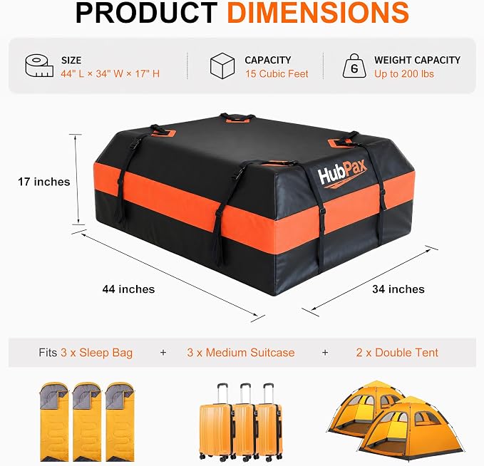 Car Rooftop Cargo Carrier Bag - 15 Cubic Feet Car Roof Top Bag Cargo Carrier for All Vehicle with/Without Rack, Includes Anti-Slip Mat, 8 Reinforced Straps, 6 Door Hooks, Luggage Lock