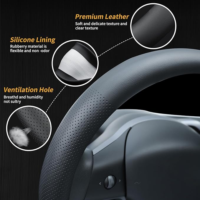 Uxcer Nappa Leather Steering Wheel Cover Compatible with Tesla Model 3/Y 2016-2025 2026 Juniper/Highland, Non-Slip Breathable Model 3/Y Steering Wheel Protector, Black