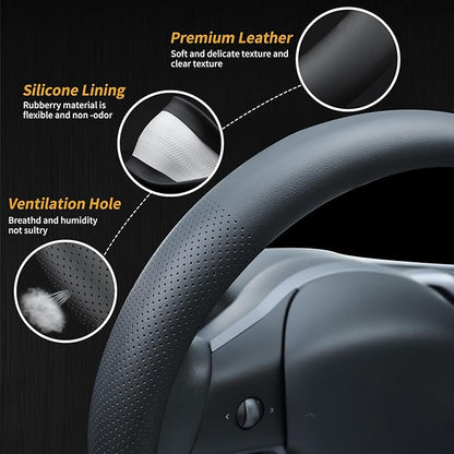 Uxcer Nappa Leather Steering Wheel Cover Compatible with Tesla Model 3/Y 2016-2025 2026 Juniper/Highland, Non-Slip Breathable Model 3/Y Steering Wheel Protector, Black