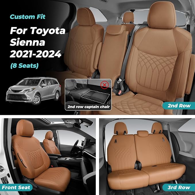 Customized for Toyota Sienna Seat Covers 2021-2026 Sienna 8 Seats 3 Row, Leather Car Seat Covers Waterproof Seat Covers Full Set for Cars, Car Seat Protectors, Airbag Compatible(Brown)