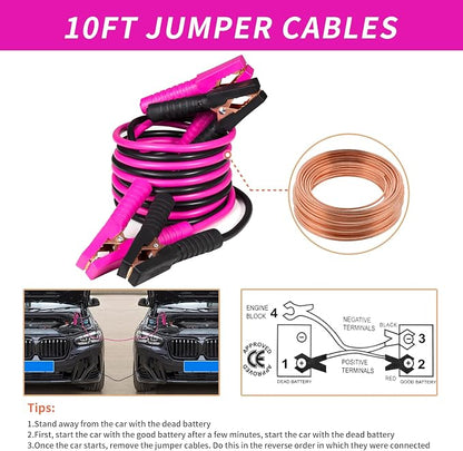 Roadside Emergency Car Kit for Vehicles, Car Safety Kit with Jumper Cables, Safety Hammer, Pink Car Accessories Road Trip Essentials Assistance Kit for Teen Girls Women