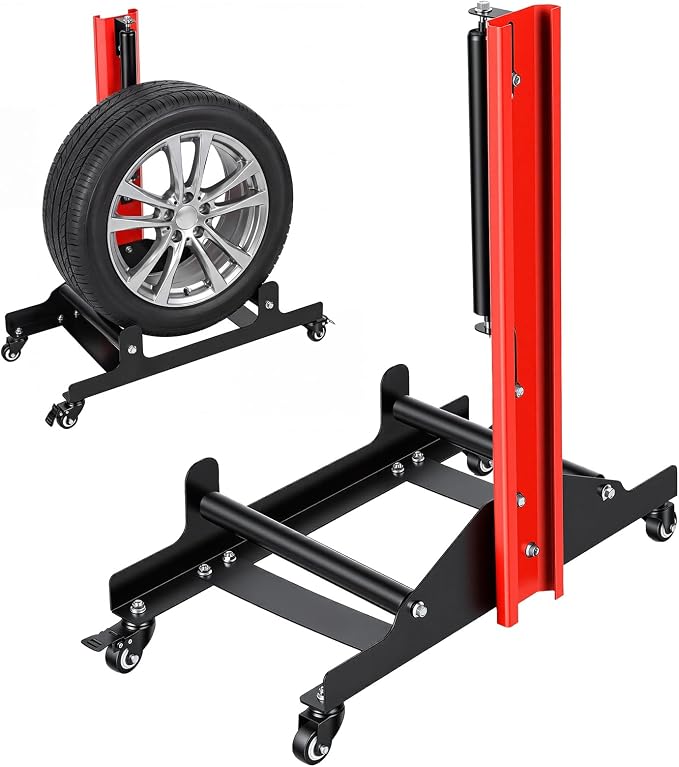 Rolling Wheel Detailing Stand, Tire Cleaning Stand with 3 Rollers and Casters, Steel Wheel Rim Cleaning Rack for Ceramic Coating, Tire Shine, Polishing Red