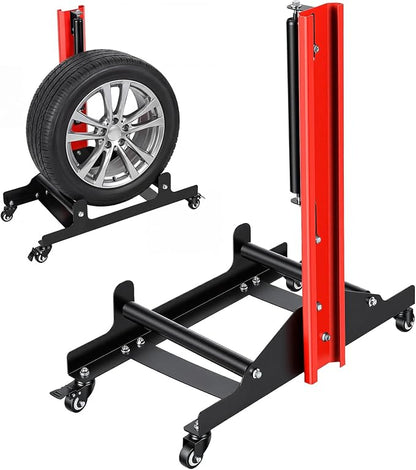 Rolling Wheel Detailing Stand, Tire Cleaning Stand with 3 Rollers and Casters, Steel Wheel Rim Cleaning Rack for Ceramic Coating, Tire Shine, Polishing Red