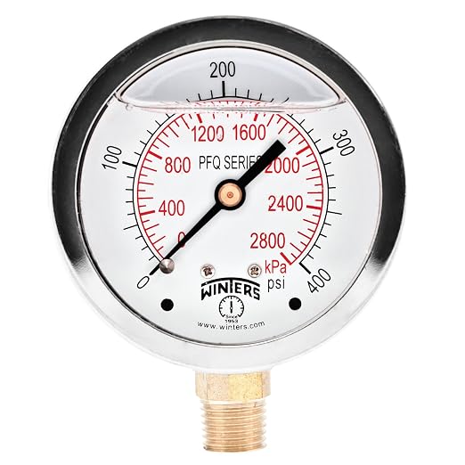 Winters 2-1/2" Dial Size, Liquid Filled Industrial Pressure Gauge, Brass Internals, 304 Stainless Steel Case, Dual Scale 0-400 psi/kPa, 1.5% Acc, 1/4" NPT Bottom Mount, Glycerin Filled Pressure Gauge