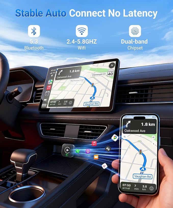 Ticarve 2-in-1 Wireless Apple CarPlay & Android Auto Adapter, Plug & Play CarPlay Wired to Wireless Adapter, Stable Auto-Connect, No Latency, iOS 10+ & Android 11+, USB/USB-C Extension Cable