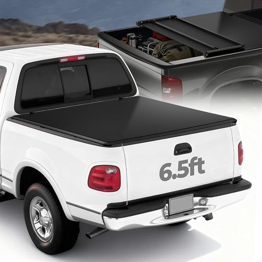 Auto Dynasty Soft Tri-Fold Truck Bed Tonneau Cover Compatible with 1997-2003 Ford F-150, 2004 F150 Heritage 6.5Ft/78Inch Fleetside Styleside Bed, Matte Black Soft Vinyl Top