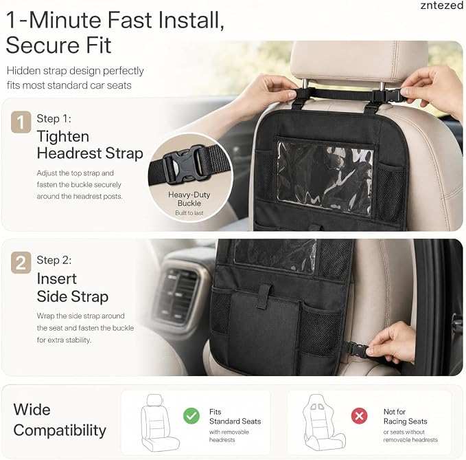 Car Backseat Organizer with 12 Storage Pockets, 12" Touch Screen Tablet Holder, Waterproof Kick Mats Seat Protector, Car Organizers and Storage for Kids, Road Trip Essentials（2 Pack，Black）