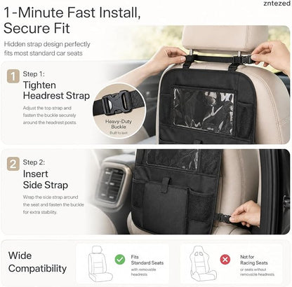 Car Backseat Organizer with 12 Storage Pockets, 12" Touch Screen Tablet Holder, Waterproof Kick Mats Seat Protector, Car Organizers and Storage for Kids, Road Trip Essentials（2 Pack，Black）