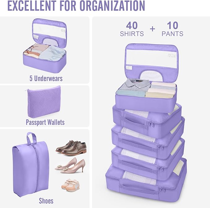 Veken 10 Set Packing Cubes for Travel Essentials,Anti-Wrinkle Buckled Suitcase Organizer for Shoe & Toiletry Bag,Carry On Luggage Bag with 99+ Count Mesh Holes for Airplane & College Dorm Accessories