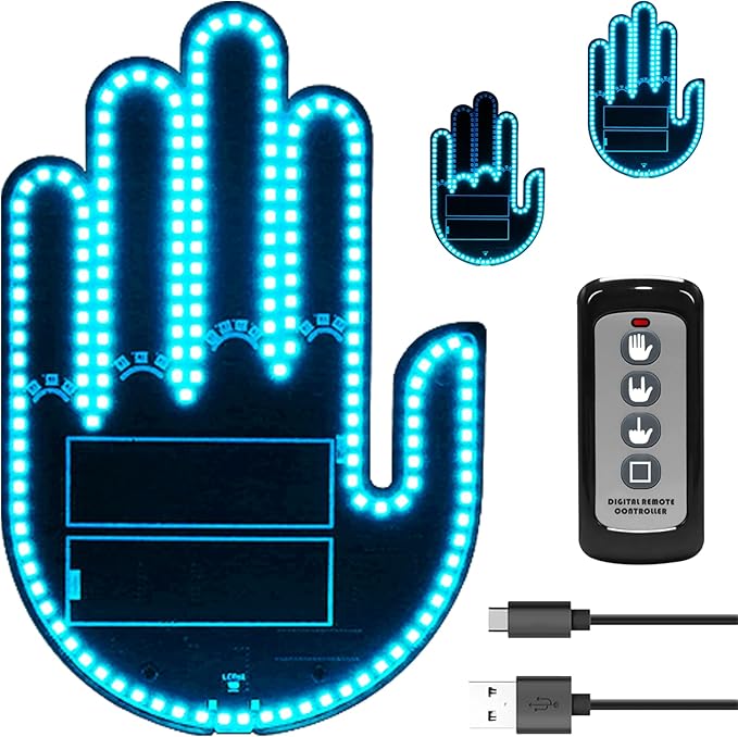 DIBMS Car Gesture Decorative Lights, Ambient Lighting, Rechargeable LED Gesture Lights for Car Road Rage LED Signs Calm Road Rage, Remote Control Triple Mode Fun Finger Lights (Ice Blue)