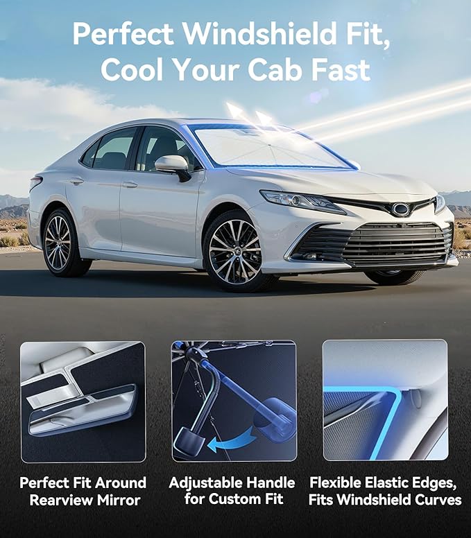 Nmoiss [Vinyl Coating Heat Shield] Windshield Sun Shade Umbrella Compatible for Toyota Camry 2018-2026 Accessories, Protect Car from Sun Rays & Heat Damage Keep Cool and Protect Interior
