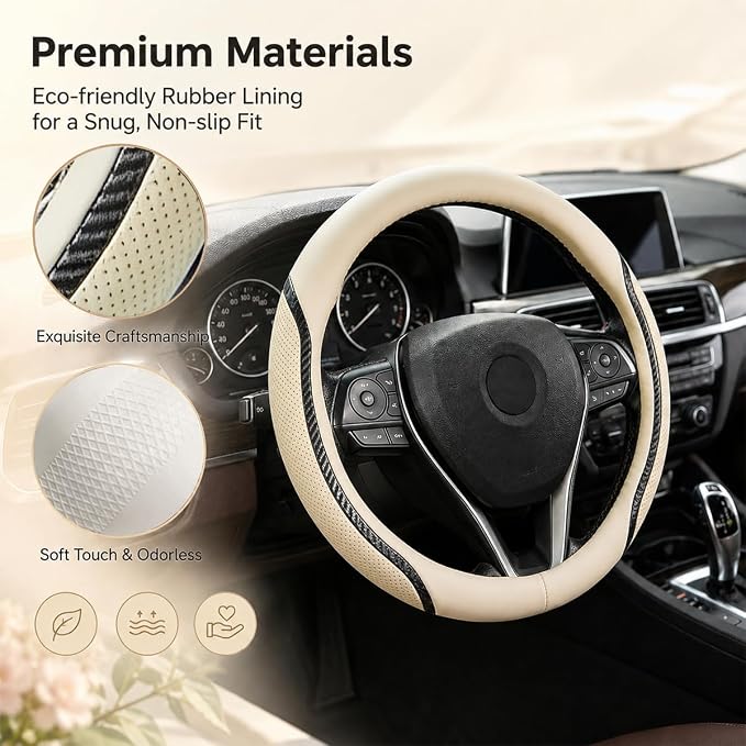 Car Steering Wheel Cover Beige, 14.5-15 inch Steering Wheel Covers with Coasters Microfiber Leather Carbon Fiber Breathable Anti-Slip Durable Universal Auto Steering Wheel Protective