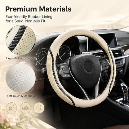 Car Steering Wheel Cover Beige, 14.5-15 inch Steering Wheel Covers with Coasters Microfiber Leather Carbon Fiber Breathable Anti-Slip Durable Universal Auto Steering Wheel Protective