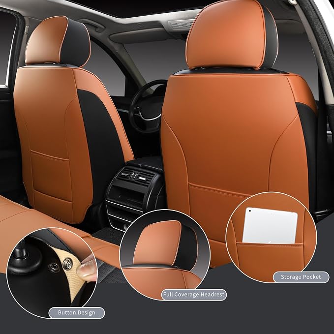 MINGBRON Car Seat Covers Front Seats, Car Seat Protector Waterproof, Car Seat Cushion Nappa Leather, Driver Seat Cover Brown Carseat Cover Universal Fit for Most Cars Brown&Black