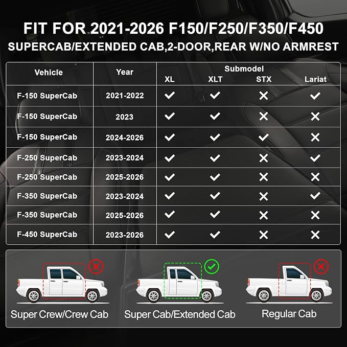 coverdream F150 Seat Covers for 2021-2025 2026 Ford F150 SuperCab XL/XLT & 2023-2026 Super Duty SuperCab XL/XLT,2-Door,Fully Covered,Waterproof Leather Seat Protector(Full Set,Black & Carbon Fiber)
