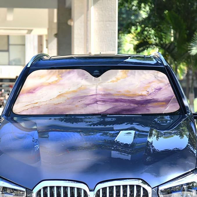 Windshield Sun Shade Purple Gold Marble Front Window Block UV Shades Visor Reflective Retractable for Car SUV Trucks