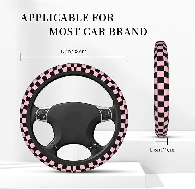 Pink and Black Checkered Steering Wheel Cover for Women, Universal Auto Steering Wheel 14-15 Inch Car Interior Accessories with 2PCS Car Coasters, Suitable for Men and Women