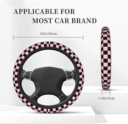 Pink and Black Checkered Steering Wheel Cover for Women, Universal Auto Steering Wheel 14-15 Inch Car Interior Accessories with 2PCS Car Coasters, Suitable for Men and Women