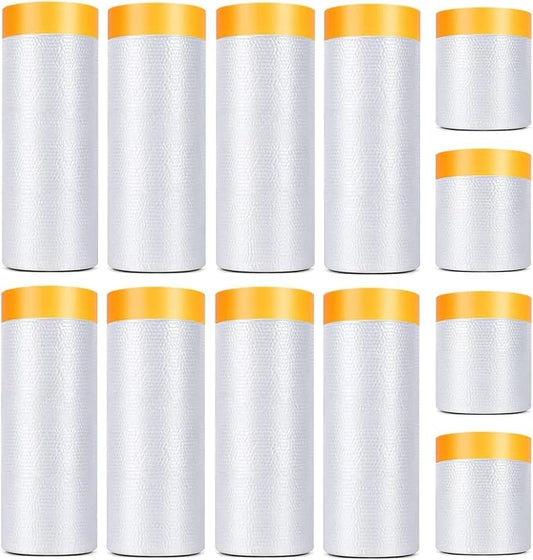 12 Pack Tape and Drape, 3 Sizes Pre-Taped Masking Film Plastic Sheeting Cover Roll, 65.6 Ft/Pack Automotive Painters Masking Tape Film for Furniture, Floor, Skirting