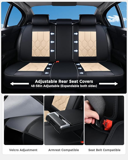 Huidasource Seat Covers Full Set, Universal Fit for Most Cars SUV Trucks, Full Coverage Leather Seat Cover, Airbag, Cupholder Compatible, Seat Function Retain, Easy Install with Velcro, Black & Beige