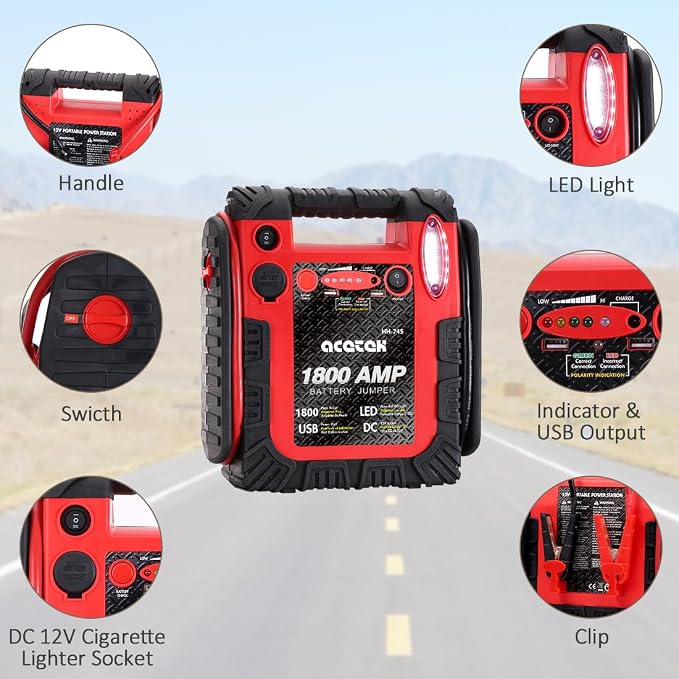 1800A Peak Car Jump Starter, 20000mAh Battery Booster for up to 6.5L Gas/5L Diesel Engines, 12V Portable Power Bank with LED Light, USB Outports, and Emergency Power Supply