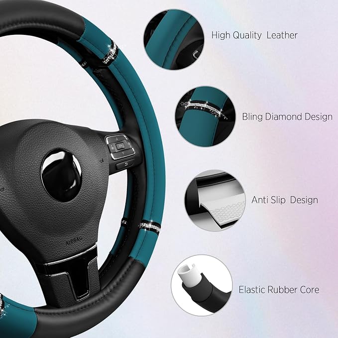 Road Comfort Leather Steering Wheel Cover – Premium Anti-Slip Car Steering Wheel Grip Cover – Universal Fit for 14.5”–15” Cars, Trucks & SUVs -Dark Blue