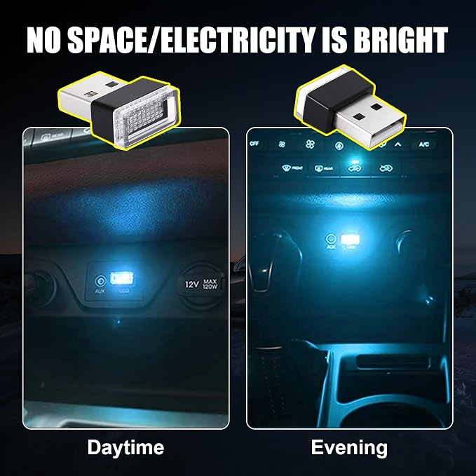 Ziciner 4 PCS USB LED Car Interior Atmosphere Lamp, Portable Mini LED Night Light, Plug-in USB Interface Trunk Ambient Lighting Kit, Universal Car Interior Accessories (Ice Blue)