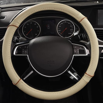 CAR PASS Line Rider Universal Fit Delux Leather Steering Wheel Cover, for suvs,sedans,Vans,Trucks for 14.7" to 15" (Beige)