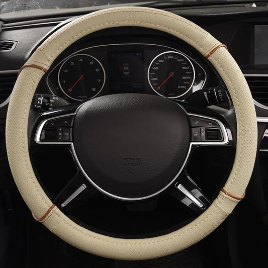 CAR PASS Line Rider Universal Fit Delux Leather Steering Wheel Cover, for suvs,sedans,Vans,Trucks for 14.7" to 15" (Beige)