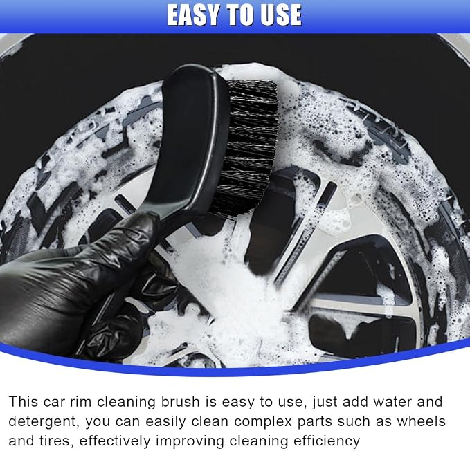 Car Wheel Brush, Stiff Bristle Short Handle Scrub Tire & Wheel Rim Brush, No-Scratch Carpet/Floor Mat Detailing Tool, Auto Interior and Exterior Cleaning Supply for Vehicle, Home (Black)