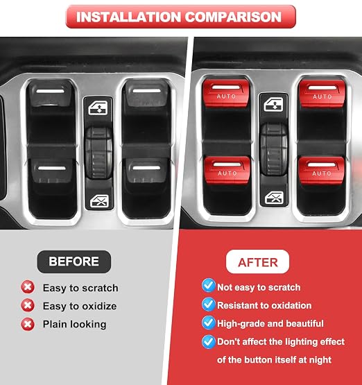 for Jeep 4 PCS Upgrade Metal Window Switch Button Cover Compatible with Jeep Wrangler JL JLU 2026 2025 2024 2023 2022 2021 2020 2019 2018 & Gladiator JT 2020-2026 Interior Accessories Gifts (Red)