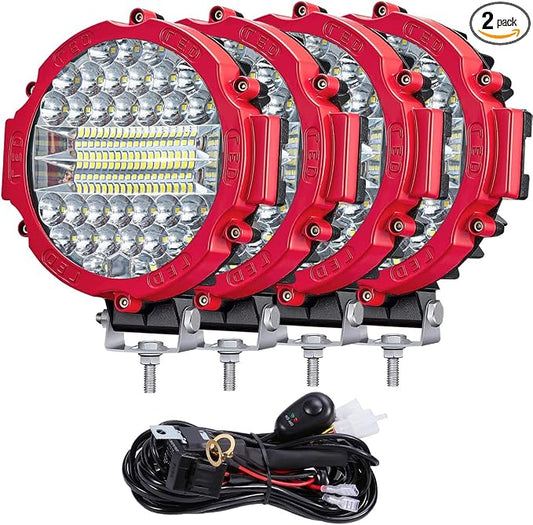 7 Inch Round LED Light Bar Offroad, 201W 15000LM Off Road Driving Work Light Pod, Tractor ATV UTV Cart 4x4 LED Off-Roading Light Pod Fog Trucks Flood Beam Lights (201W 4PC-Red with Wiring)