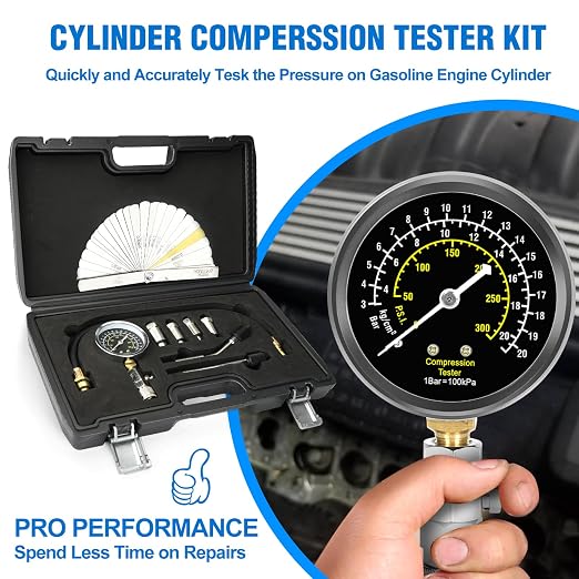 BETOOLL 9pcs Petrol Engine Cylinder Compression Tester Kit with Spark Plug Gap Tool 32 Blades Steel Feeler Gauge 300PSI Engine Cylinder Compression Gauge Automotive Tool