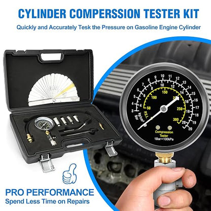 BETOOLL 9pcs Petrol Engine Cylinder Compression Tester Kit with Spark Plug Gap Tool 32 Blades Steel Feeler Gauge 300PSI Engine Cylinder Compression Gauge Automotive Tool