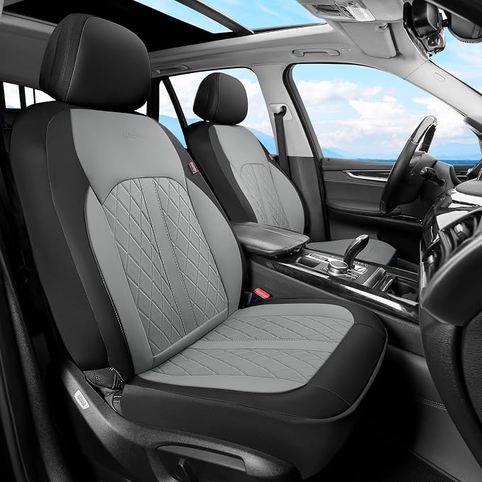 Coverado Universal Leather Seat Covers Front Seats, 2-Pack Seat Covers for SUV, Pickup Truck, Sedan, Automotive Vehicle Interior, Waterproof and Durable All Weather Protector，Black&Gray