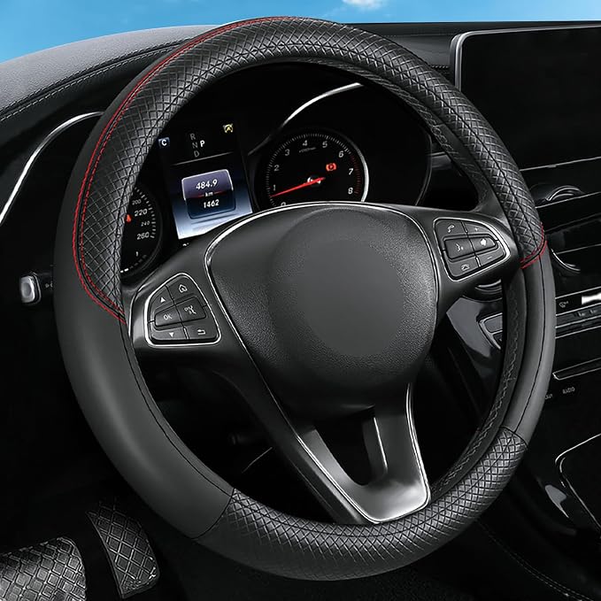 Leather Patchwork Black Steering Wheel Cover, 14.5-15 Inch Non-Slip Breathable Microfiber Car Steering Wheel Protector