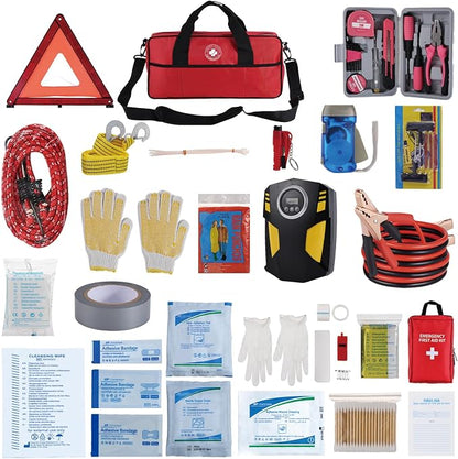 All-in-One Car Emergency Kit with Digital Tire Inflator, Jumper Cable, Tow Strap, Reflective Triangle, First Aid Kit, Hand Crank Flashlight, and Repair Tools for Roadside Safety (Red)