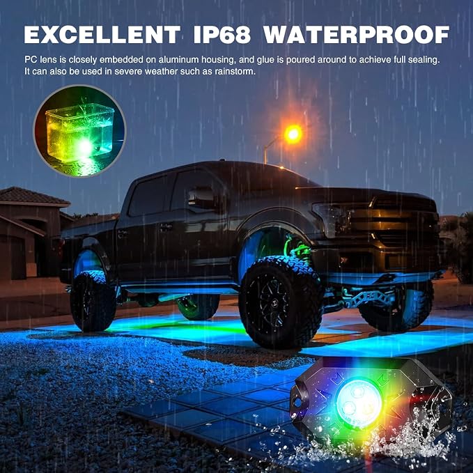 Nilight RGB LED Rock Lights Kit 4 PCS Underglow Multicolor Neon Light Pod with Magnetic Base Bluetooth App Control Flashing Music Mode IP68 Wheel Well Light for Truck ATV UTV RZR SUV
