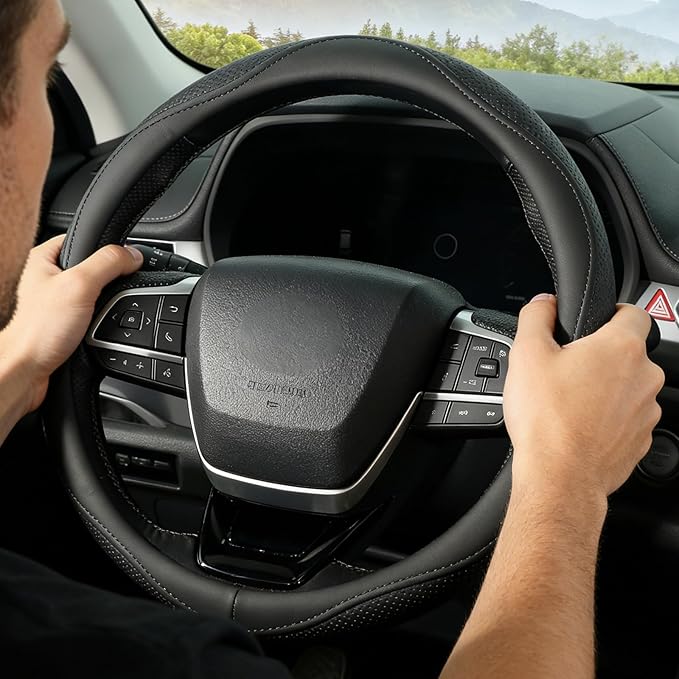 KAFEEK Steering Wheel Cover for Men Women, Universal 15 inch Microfiber Leather with Non-Slip Rubber Lining, Breathable Car Wheel Protector, Odorless, Durable, Black