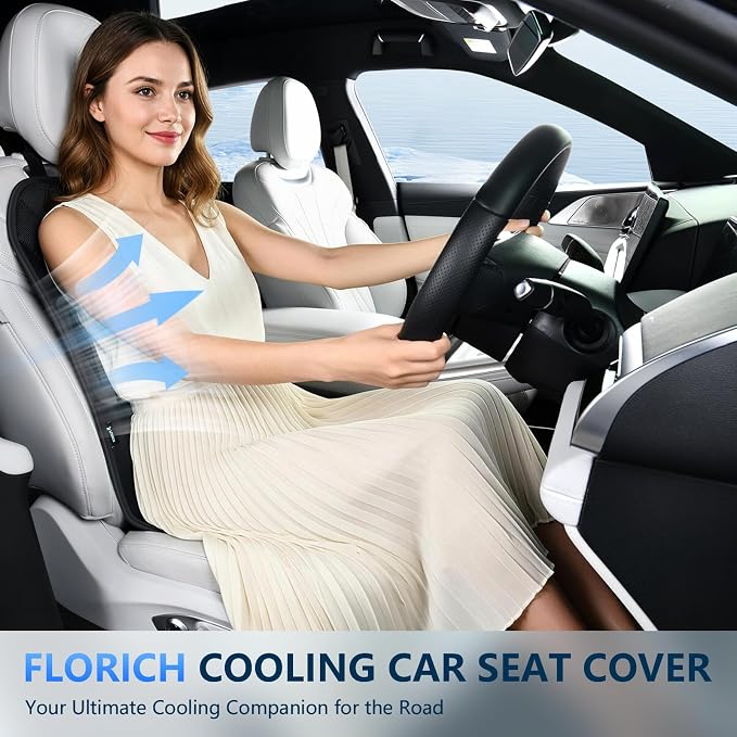 FLORICH Cooling Car Seat Cover 12V-24V Ventilated Cooling Car Seat Cushion with 3-Speed Adjustable Breathable Mesh & Leather Cooling Seat Pad Universal Fit Car SUV Truck Van for Summer Driving, Black