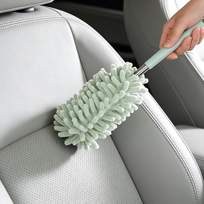 Zpana 2PCS Car Interior Duster with Extension Pole, Soft Chenille Retractable Washable Dash Detailing Cleaner, Auto Window Cleaning Brush Duster for Interior Exterior, Universal Fit (Green)