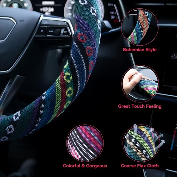 Boho Steering Wheel Cover Elastic Microfiber for Women, Universal Fit 15 inch Car SUV, Hippie Style Protector Cover, Anti-Slip, Breathable, Absorbing Sweat - 02