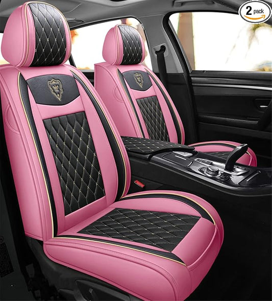 Car Seat Covers Front Seats, Super Luxurious Heavy Universal Duty Waterproof Leather Automotive Vehicle Cover for Cars SUV Pick-up Truck, Non-Slip Seat Pink Car Accessories (2 PCS Front/Black Pink)